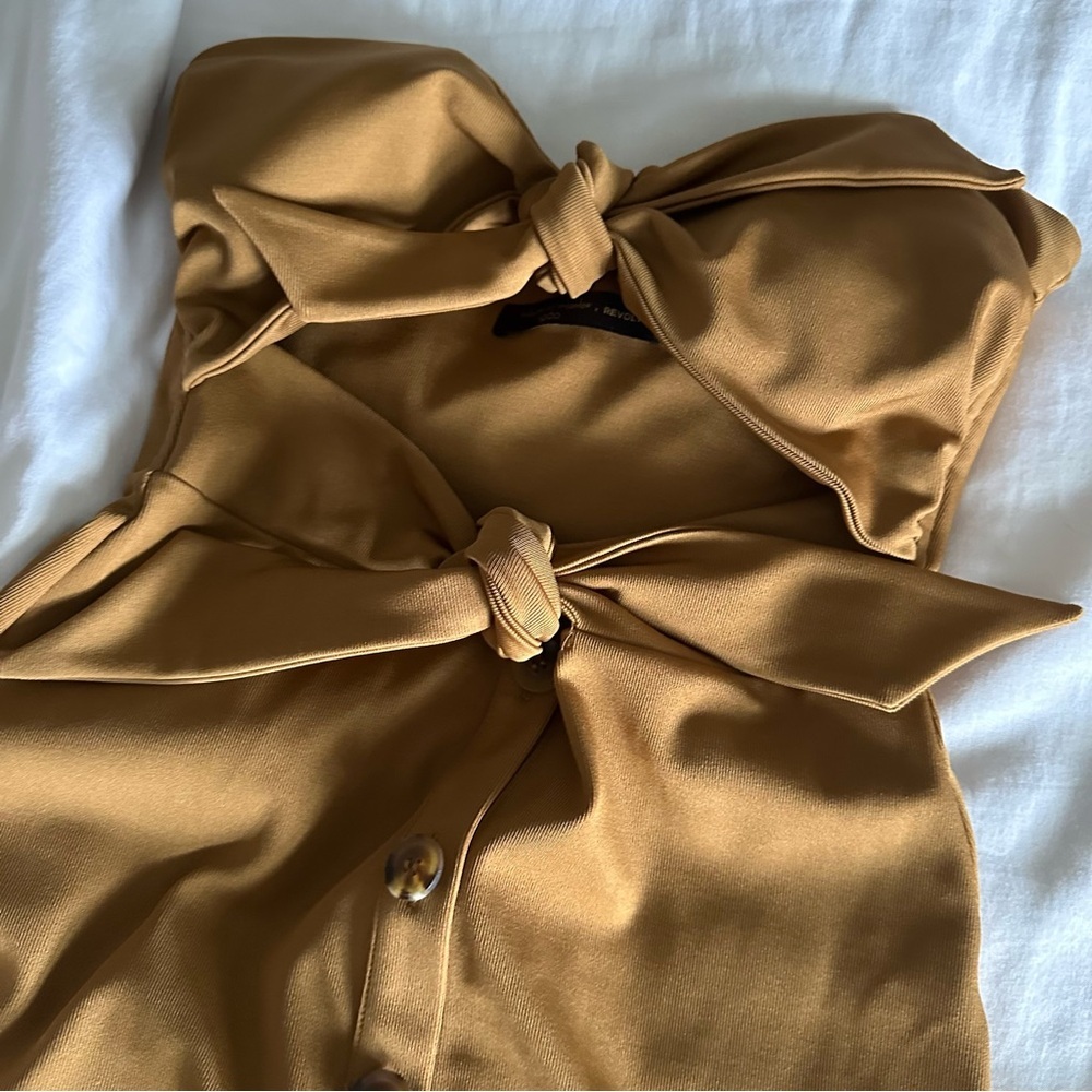 Gold Color Ribbed Strapless Midi Dress - Picture 4 of 12